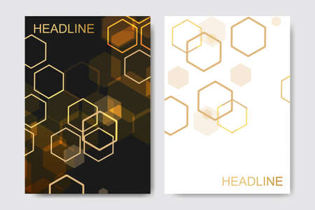 Minimal brochure templates, magazine, leaflet, flyer, cover, booklet, annual report, banner. Scientific concept for medical, technology, chemistry. Modern black and gold coverのイラスト素材