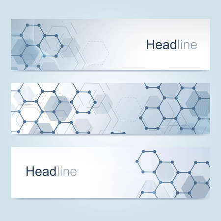 Scientific set of modern vector banners. DNA molecule structure with connected lines and dots. Scientific and technology concept. Wave flow graphic background for your design. Vector illustration.のイラスト素材