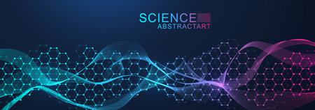 Modern scientific background with hexagons, lines and dots. Wave flow abstract background. Molecular...