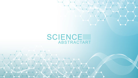 Modern health care abstract background with lines, dots and hexagons. Medical innovation banner template concept. Wave flow. Vector illustration.のイラスト素材