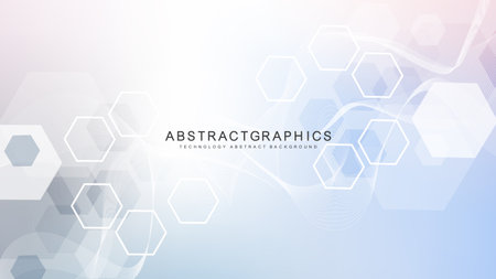 Modern scientific background with hexagons, lines and dots. Wave flow abstract background. Molecular structure for medical, technology, chemistry, science. Vector illustrationのイラスト素材