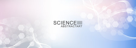 Modern scientific background with hexagons, lines and dots. Wave flow abstract background. Molecular structure for medical, technology, chemistry, science. Vector illustrationのイラスト素材