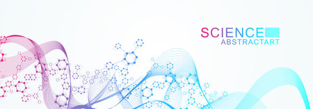 Modern abstract molecules structure for science or medical background. DNA helix or atom visualization. Molecular wave flow abstract background. Vector illustrationのイラスト素材