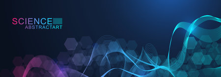 Modern scientific background with hexagons, lines and dots. Wave flow abstract background. Molecular structure for medical, technology, chemistry, science. Vector illustrationのイラスト素材