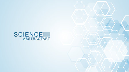 Modern scientific background with hexagons, lines and dots. Wave flow abstract background. Molecular structure for medical, technology, chemistry, science. Vector illustrationのイラスト素材