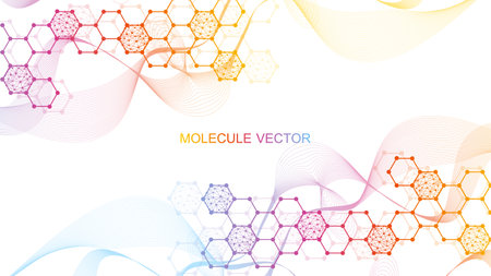 Modern science background with lines, dots and hexagons. Wave flow abstract background. Molecular structure for medical, technology, chemistry, science. Vector illustration.のイラスト素材