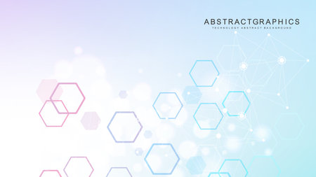 Modern scientific background with hexagons, lines and dots. Wave flow abstract background. Molecular structure for medical, technology, chemistry, science. Vector illustration.のイラスト素材