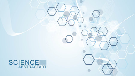 Modern scientific background with hexagons, lines and dots. Wave flow abstract background. Molecular...