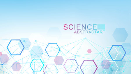 Modern science background with lines, dots and hexagons. Wave flow abstract background. Molecular structure for medical, technology, chemistry, science. Vector illustrationのイラスト素材