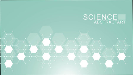 Modern scientific background with hexagons, lines and dots. Wave flow abstract background. Molecular structure for medical, technology, chemistry, science. Vector illustrationのイラスト素材