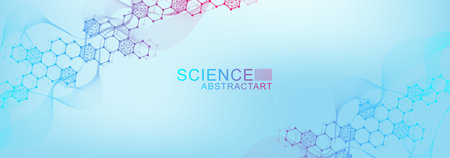 Modern scientific background with hexagons, lines and dots. Wave flow abstract background. Molecular structure for medical, technology, chemistry, science. Vector illustrationのイラスト素材