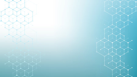 Health care abstract background with hexagons, lines and dots. Medical innovation banner template concept. Biology and pharmaceutical technology background. Vector illustration.のイラスト素材