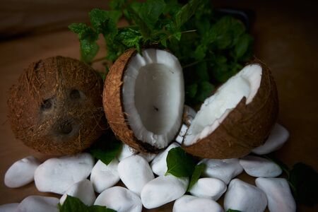 Composition on the kitchen countertop. Coconut on a beautiful background