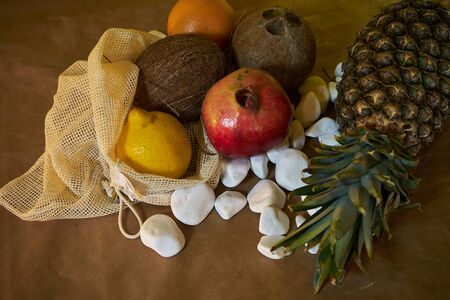 Coconut composition on the kitchen counter. Health and colorsの写真素材