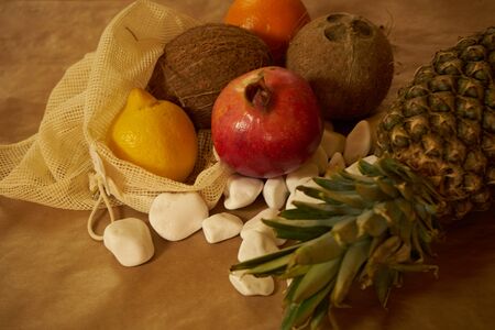 Coconut composition on the kitchen counter. Health and colorsの写真素材