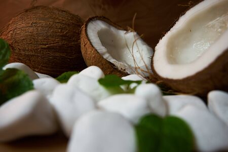 Coconut composition on the kitchen counter. Health and colorsの写真素材