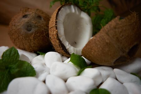 Coconut composition on the kitchen counter. Health and colorsの写真素材