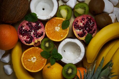 Fruit in preparation for a delicious fruit salad. Close-up of fruit structure and beautiful colors.の写真素材