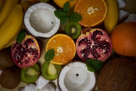 Fruit in preparation for a delicious fruit salad. Close-up of fruit structure and beautiful colors.の写真素材
