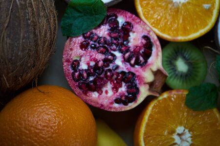 Fruit in preparation for a delicious fruit salad. Close-up of fruit structure and beautiful colors.の写真素材