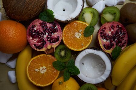 Fruit in preparation for a delicious fruit salad. Close-up of fruit structure and beautiful colors.の写真素材