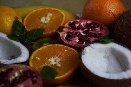 Fruit in preparation for a delicious fruit salad. Close-up of fruit structure and beautiful colors.の写真素材