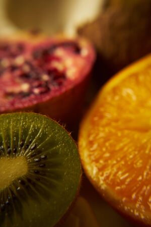 Fruit in preparation for a delicious fruit salad. Close-up of fruit structure and beautiful colors.の写真素材
