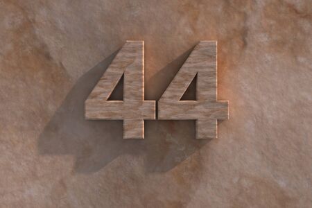 3d rendered illustration of an ornamental 44 in numerals in mottled sandstone on a rough textured wall with shadowの写真素材