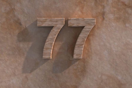 3d rendered illustration of an ornamental 77 in numerals in mottled sandstone on a rough textured wall with shadowの写真素材