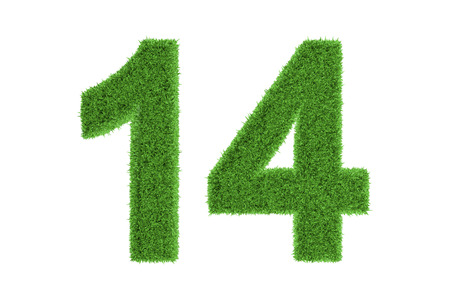 Number 14 with a fresh green grass texture and a three dimensional effect conceptual of an eco-friendly font and conserving nature, isolated on whiteの写真素材