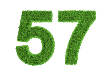 Green eco-friendly symbol of number 57  fifty-seven , filled with grass pattern, isolated on white backgroundの写真素材