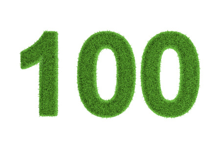 Centenary anniversary number of 100  one hundred , filled with green grass pattern, isolated on white backgroundの写真素材