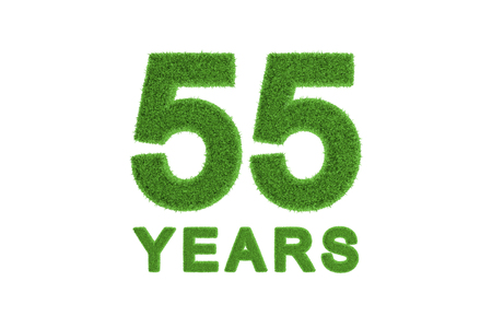 Decorative three-dimensional 55th anniversary or birthday celebration numerals with the number and text in textured fresh green grass for an eco-friendly greeting card or congratulationsの写真素材