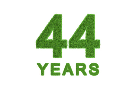 Decorative eco-friendly three-dimensional green grass numbers for a 44th anniversary or birthday celebration, greeting card, invitation or congratulations isolated on whiteの写真素材