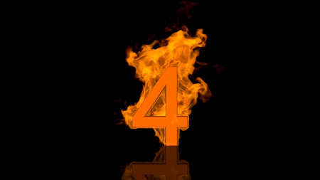 Flaming Number Four Burning in Orange Fire Centred on Black Background in Concept Imageの写真素材