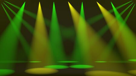 Empty stage with multiple green and yellow spotlights beaming down through a smoky atmosphere at oblique angles in a criss-crossing pattern as 3D renderingの写真素材