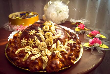 Honeymooners are greeted by parents and treated to wedding caravans, pie, bridesmaids, caravansの写真素材
