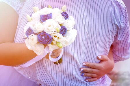 flower, bouquet, love, day, valentine, marriage, background, hymeneal rings decoration concept holiday object celebration creative gold couple engagement  nature woodenの写真素材