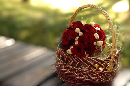 flower, bouquet, love, day, valentine, marriage, background, hymeneal rings decoration concept holiday object celebration creative gold couple engagement  nature woodenの写真素材