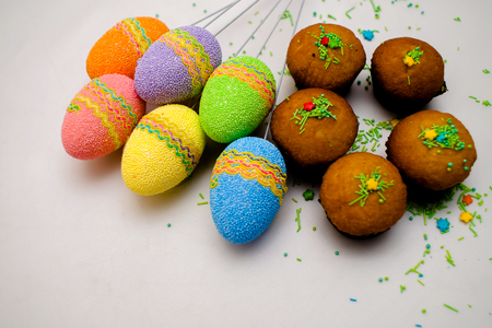 Colorful Easter eggs background wooden, eastereggs, festiveの写真素材