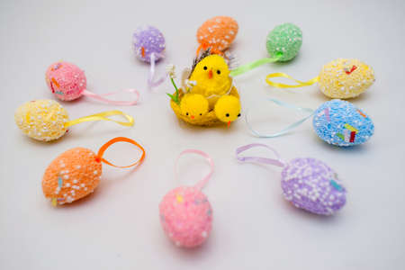 Colorful Easter eggs background wooden, eastereggs, festiveの写真素材