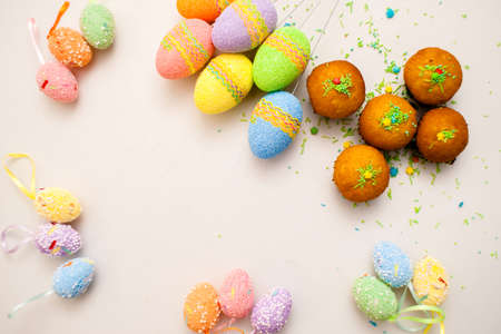 Colorful Easter eggs background wooden, eastereggs, festiveの写真素材