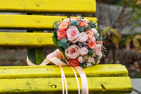 Bouquet on benchの写真素材