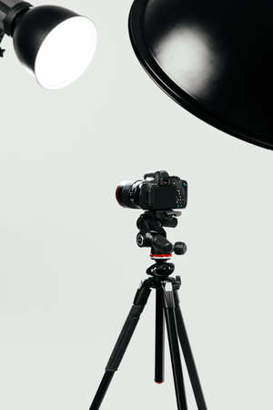 Camera with lighting equipment in studioの写真素材