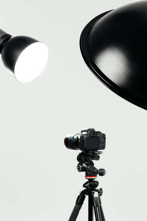 Camera with lighting equipment in studioの写真素材