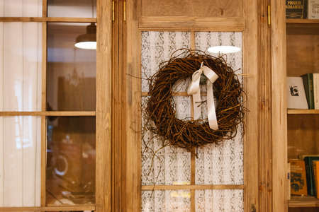 christmas wreath border. Frame of pine. Merry Christmas and Happy New Year 2021. Branches of a Christmas tree. New Year's holiday decorations.の写真素材