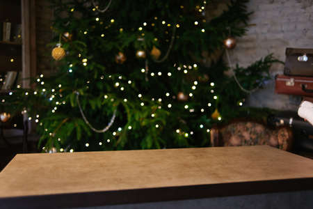 Christmas background. banner design. christmas tree and tableの写真素材