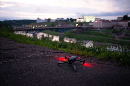 Drone ready to take-off. Modern aerial view of drone ready to take-off. Travel concept.