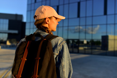 Travelling tourist with her backpack in walking down in downtown, Adventure and travel in the concept . Backpack rear view. Tourism in city.の写真素材