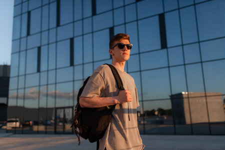 Portrait of handsome tourist hipster man in sunglasses with bag handy, standing guy near the building in downtown. Calm relaxing moment, summer vacation conceptの写真素材